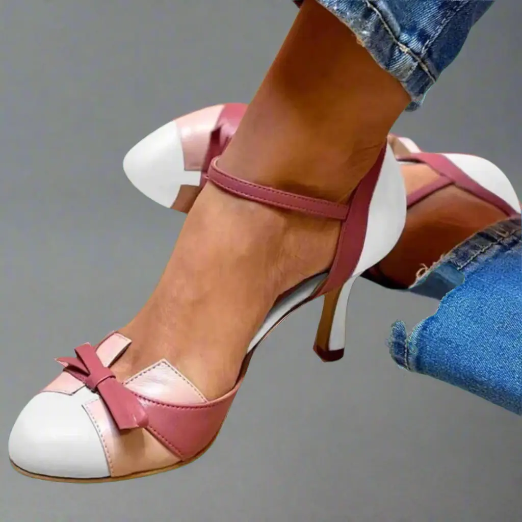 Women's elegant heeled sandals with cushioned insole, delicate bow detail, neutral tone, work-to-weekend style