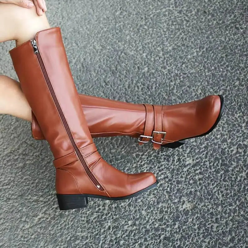 Women's elegant knee-high leather boots in black and brown with plush velvet lining for all-day warmth
