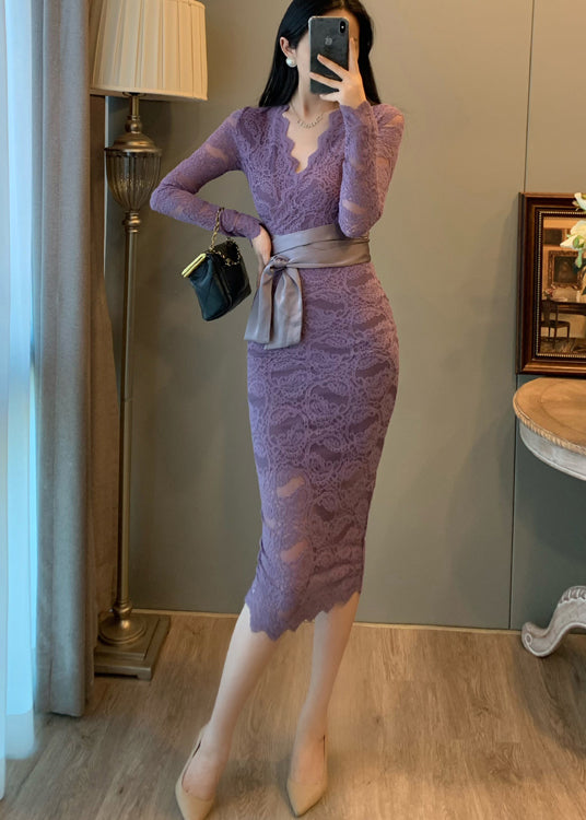 Robe de soirée élégante en dentelle lavande à col en V et taille nouée pour l'été - Urbann-Vibe