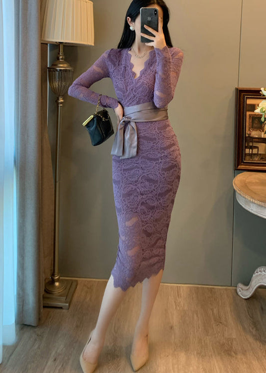 Robe de soirée élégante en dentelle lavande à col en V et taille nouée pour l'été - Urbann-Vibe
