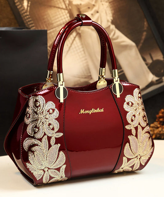 Élégant sac fourre-tout en cuir de veau à paillettes et fleurs de mûrier - Urbann-Vibe