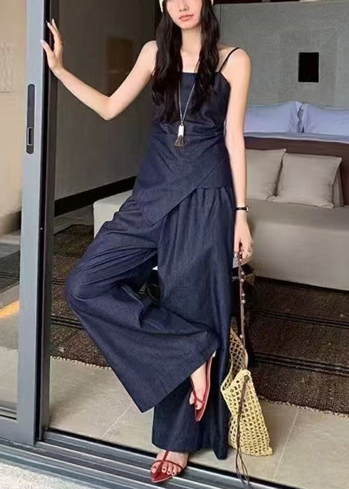 Tenue d'été élégante 2 pièces en denim bleu marine asymétrique et ajusté - Urbann-Vibe