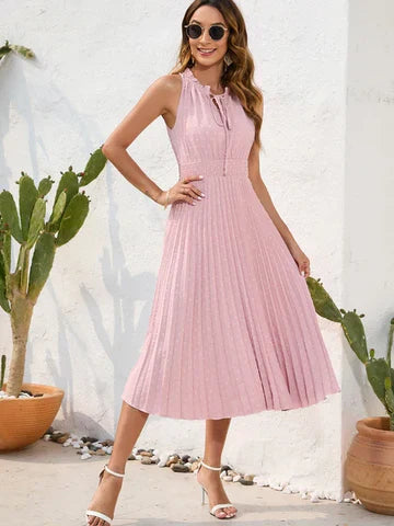 Black halter neck pleated dress for women, sleek silhouette with elegant front pleating detail