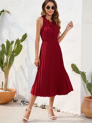 Black halter neck pleated dress for women, sleek modern silhouette with comfortable fit