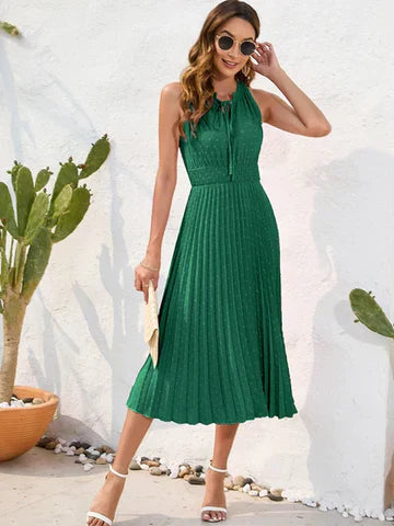 Black halter neck pleated dress for women, sleek modern silhouette with comfortable easy-care fabric