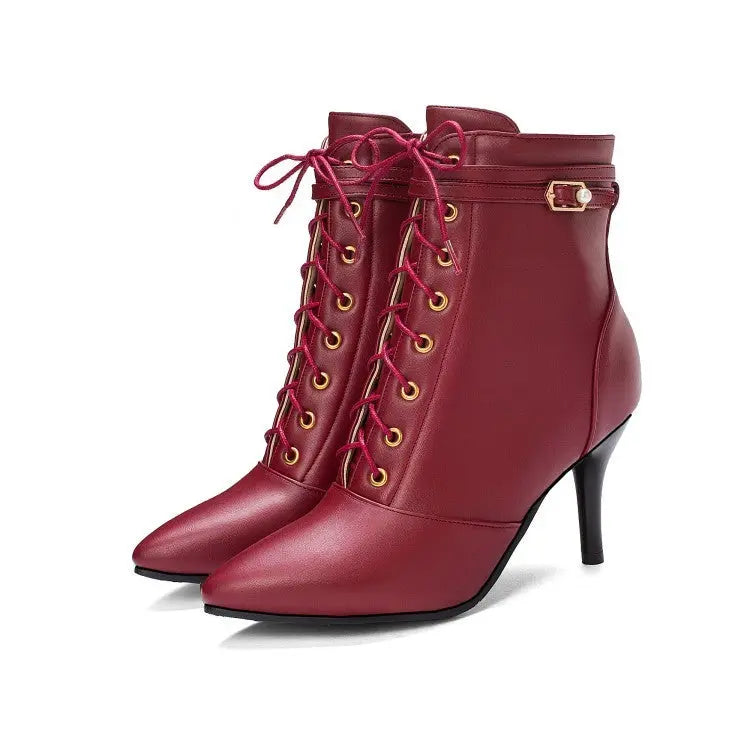 Women's black stiletto ankle boots with lace-up front, buckle detail, and 8cm pointed toe heel