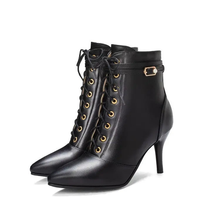 Women's black stiletto ankle boots with lace-up buckle detail, pointed toe, and 8cm heel