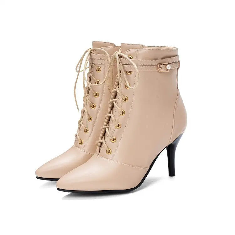 Women's black stiletto ankle boots with lace-up closure, buckle detail, and 8cm pointed-toe heel