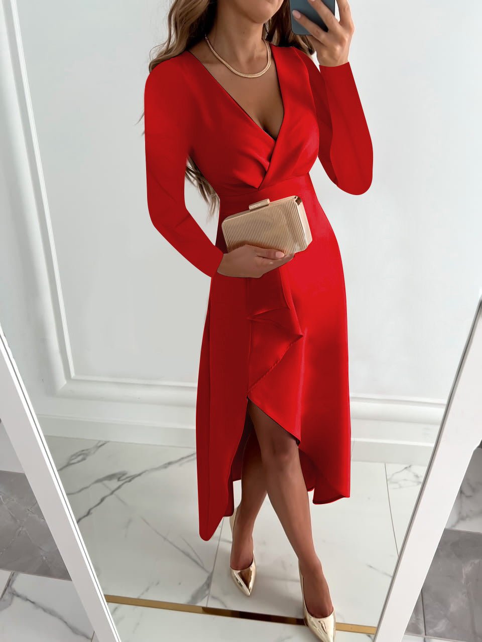 Women's spring wrap midi dress V-neck silhouette with flattering waist definition for elegant occasions