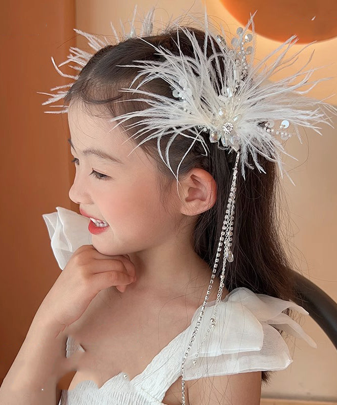 Élégante épingle à cheveux en alliage blanc avec plumes, perles, paillettes et pompons pour filles - Urbann-Vibe