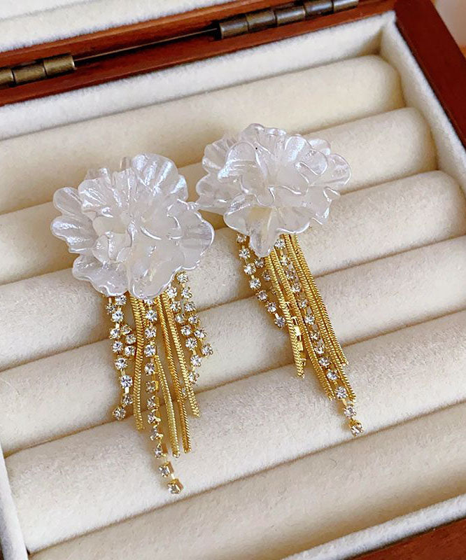Boucles d'oreilles pendantes élégantes en argent sterling blanc doré à motif floral et pompon - Urbann-Vibe