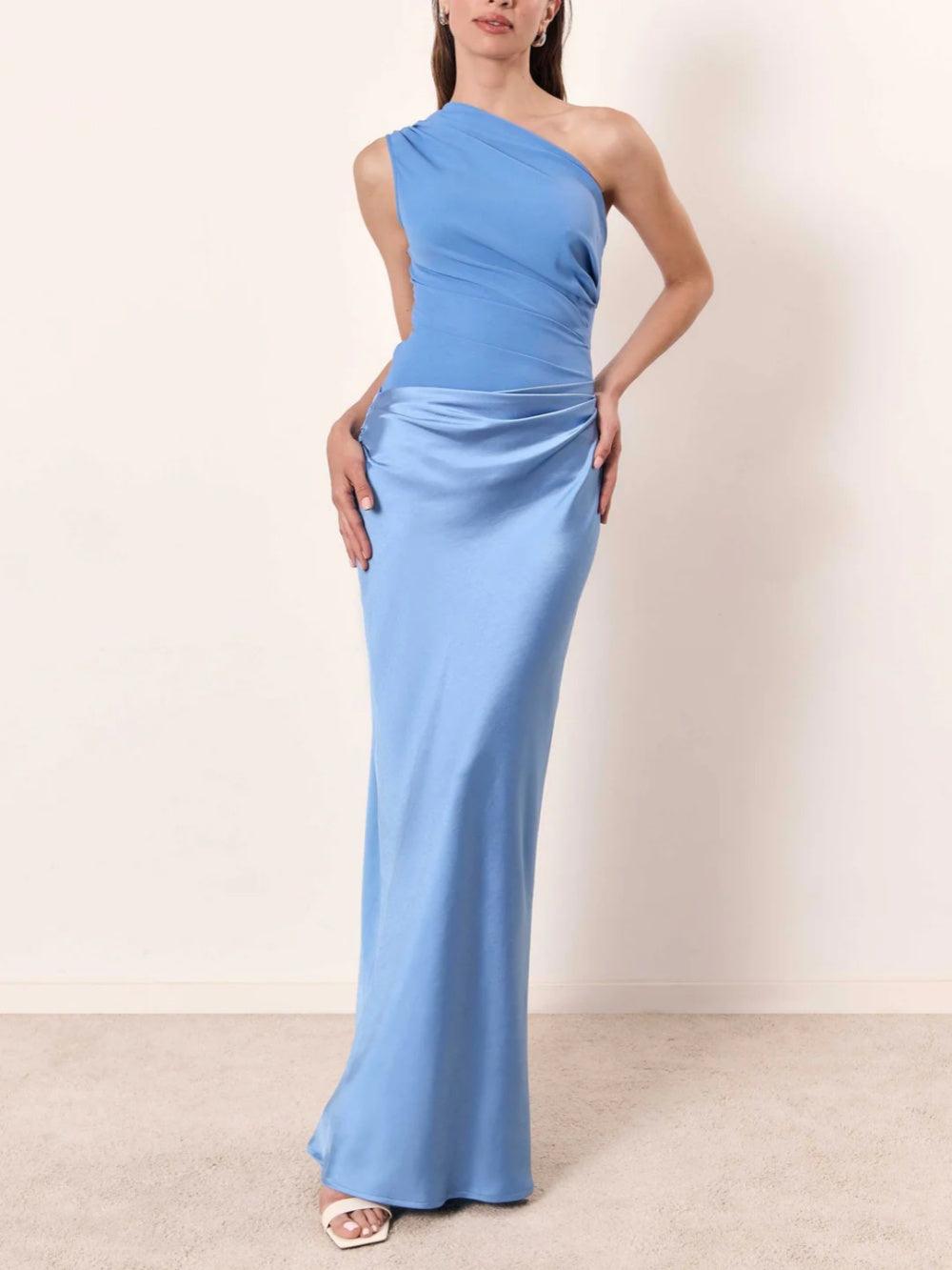 Women's slim fit one shoulder pleated maxi dress in polyester, sleeveless party gown for weddings