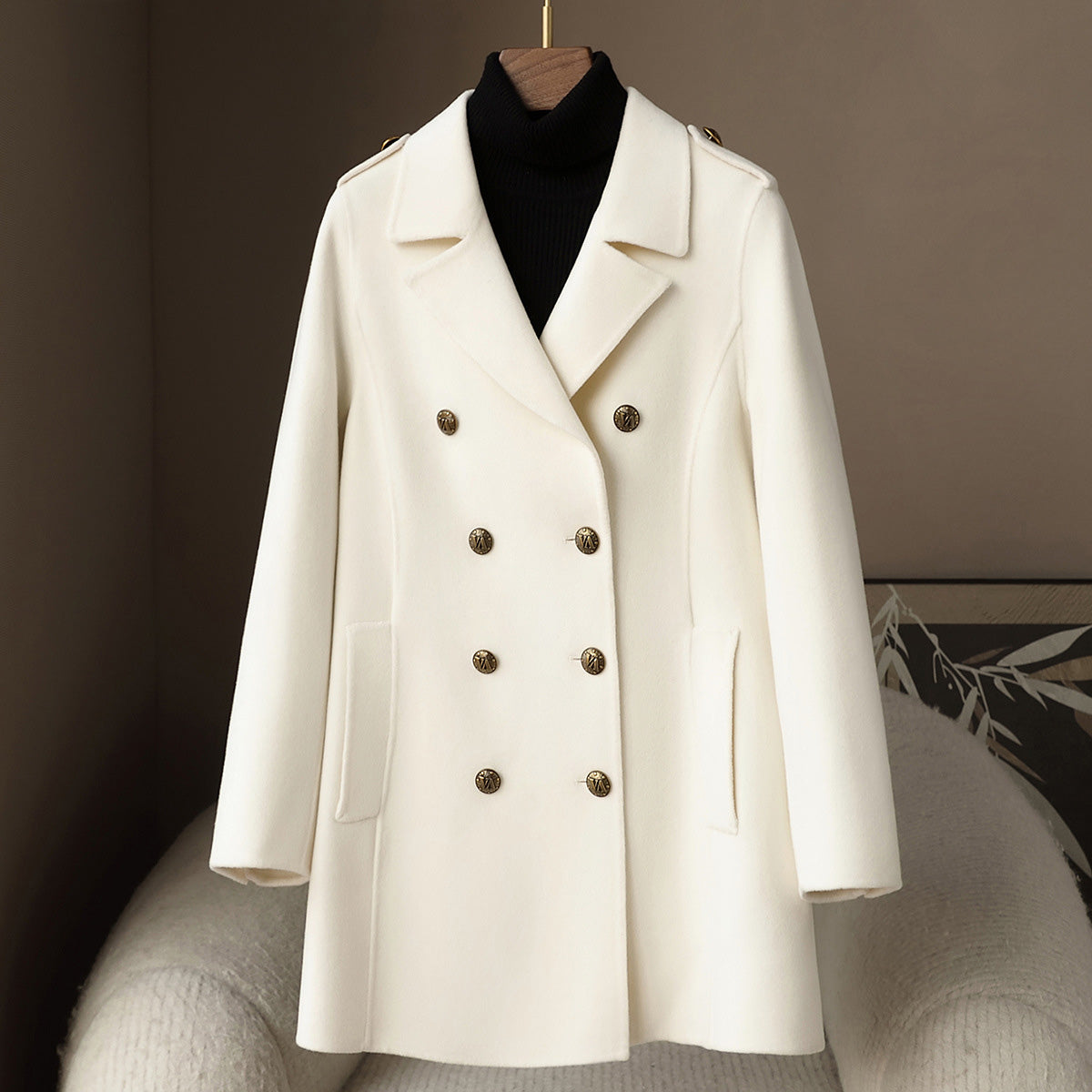 Women's camel cashmere wool mid-length coat double-breasted elegant silhouette quiet luxury