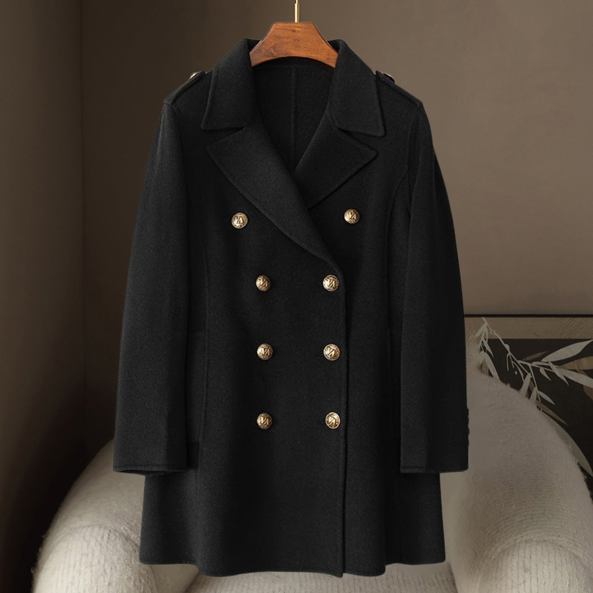 Women's camel wool cashmere mid-length coat double-breasted elegant luxury silhouette