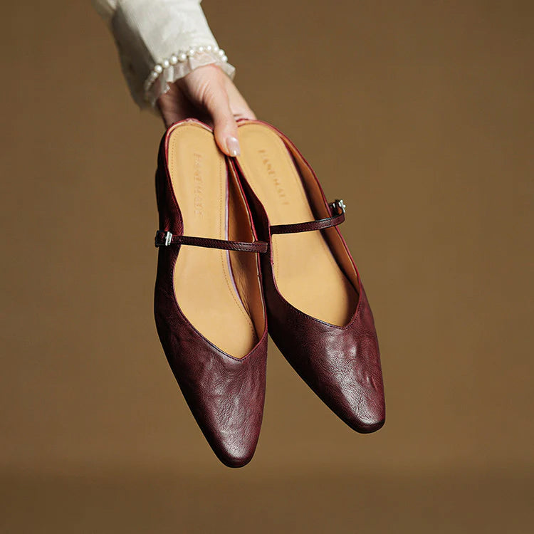 Women's genuine leather pointed flats with Mary Jane strap, sleek professional style in classic neutral