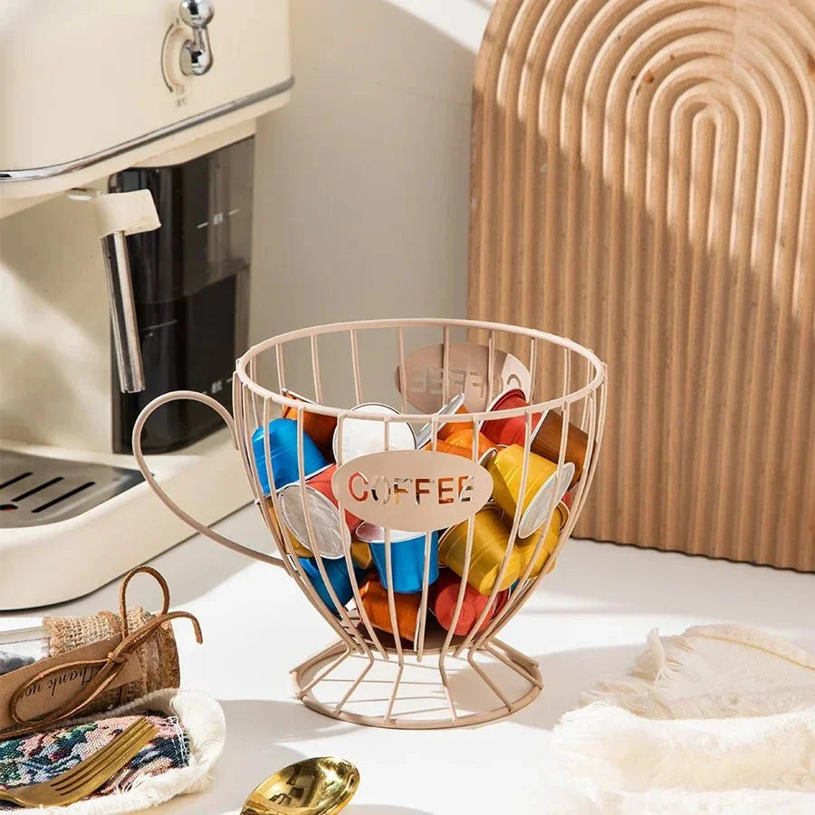Modern wire coffee pod holder with handle, sleek open-wire cup-shaped organizer with COFFEE cutout