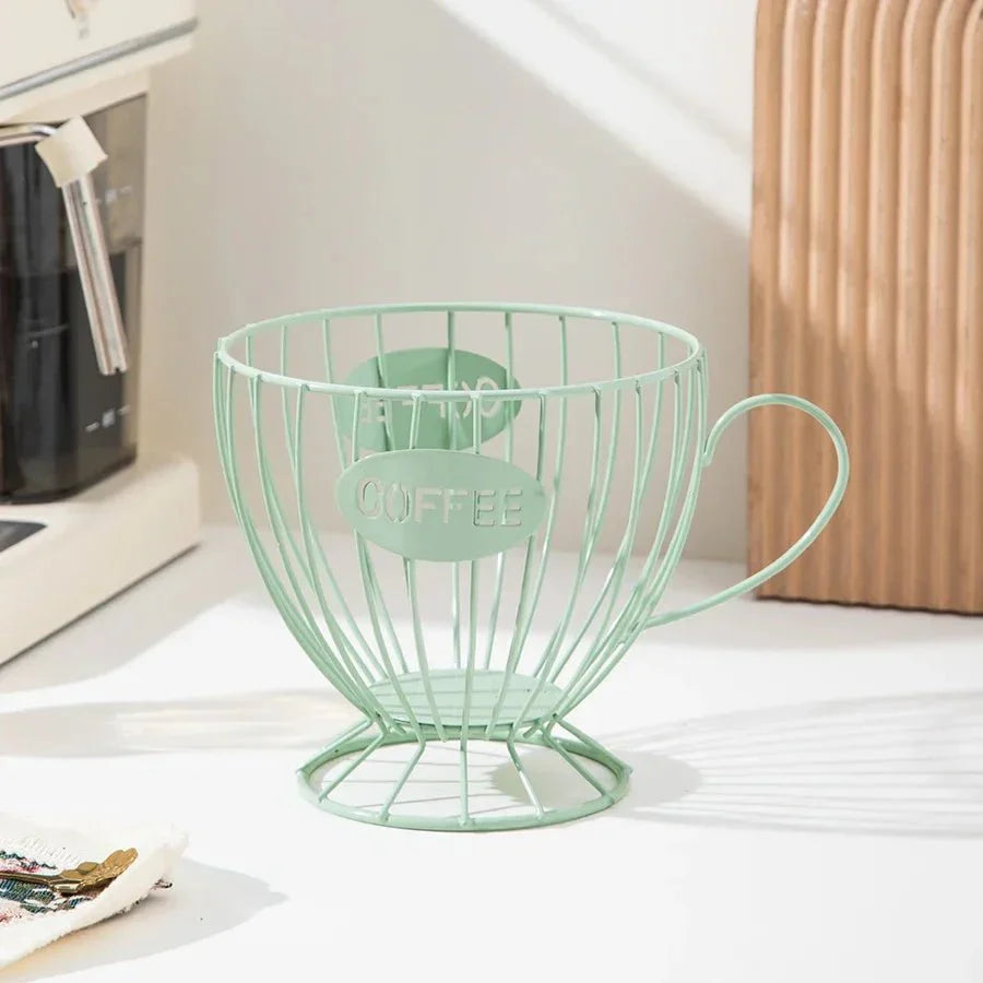 Modern wire coffee pod holder with handle, open design, sleek cup-shaped silhouette with COFFEE cutout