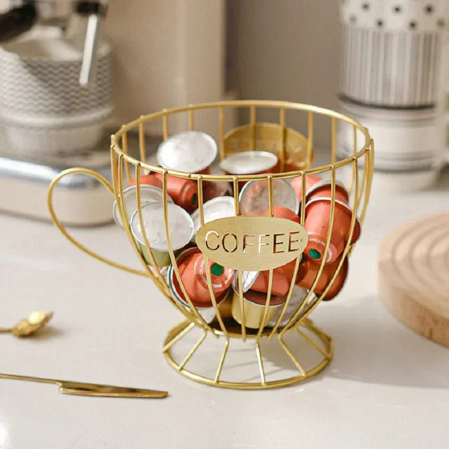 Modern wire coffee pod holder with handle, open-wire cup-shaped silhouette with bold COFFEE cutout