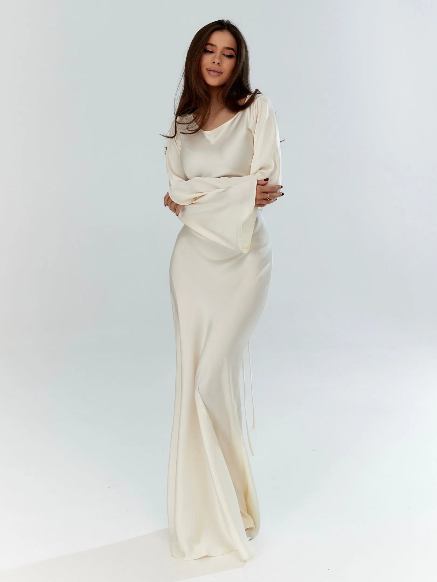 Elegant Ivory Satin Wedding Guest Maxi Dress With Long Sleeve Draped S
