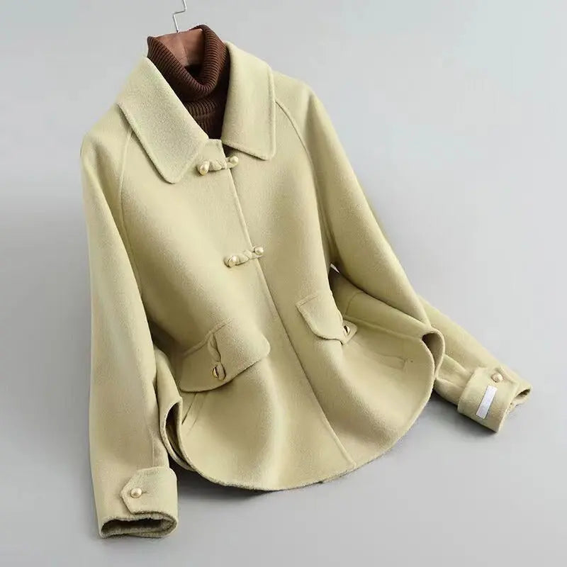 Women's elegant ivory knit coat with pearl buttons, tailored collar, cotton-poly blend