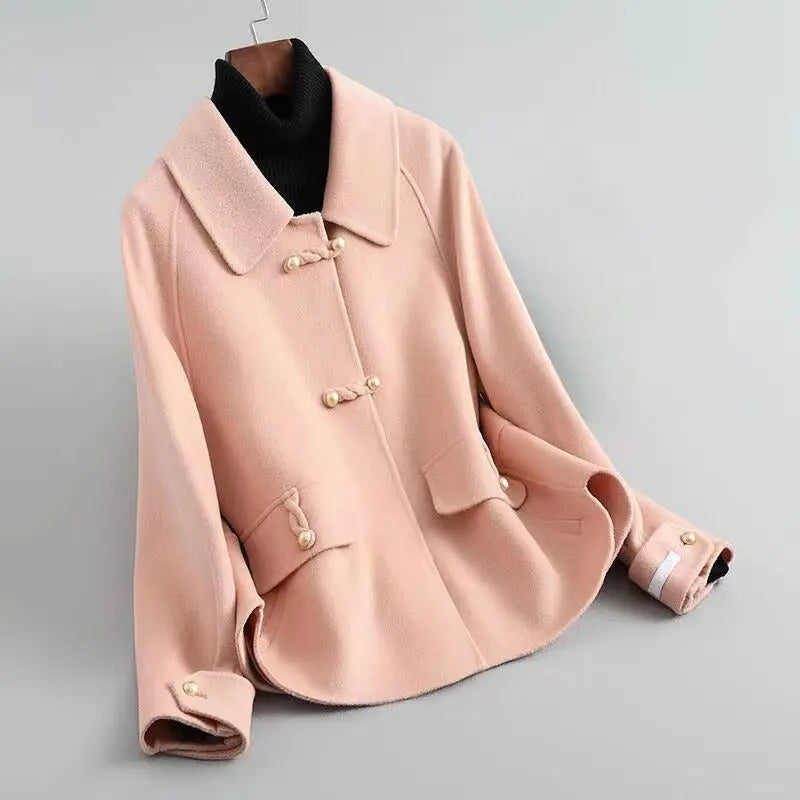 Women's elegant ivory knit coat with pearl buttons, tailored collar, cotton-poly blend