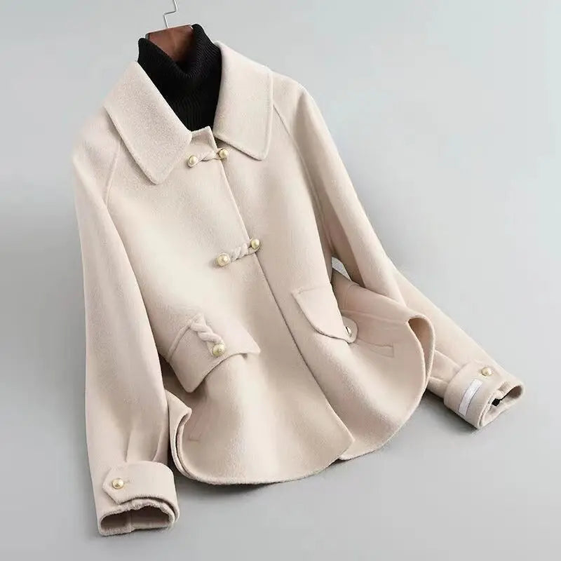 Women's elegant ivory knit coat with pearl buttons, tailored collar, cotton-poly blend outerwear