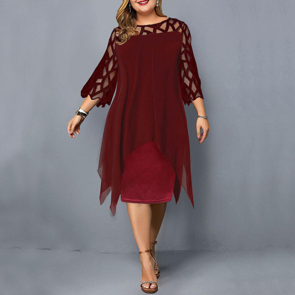 Plus size black evening midi dress with chiffon overlay, geometric mesh sleeves, floaty silhouette