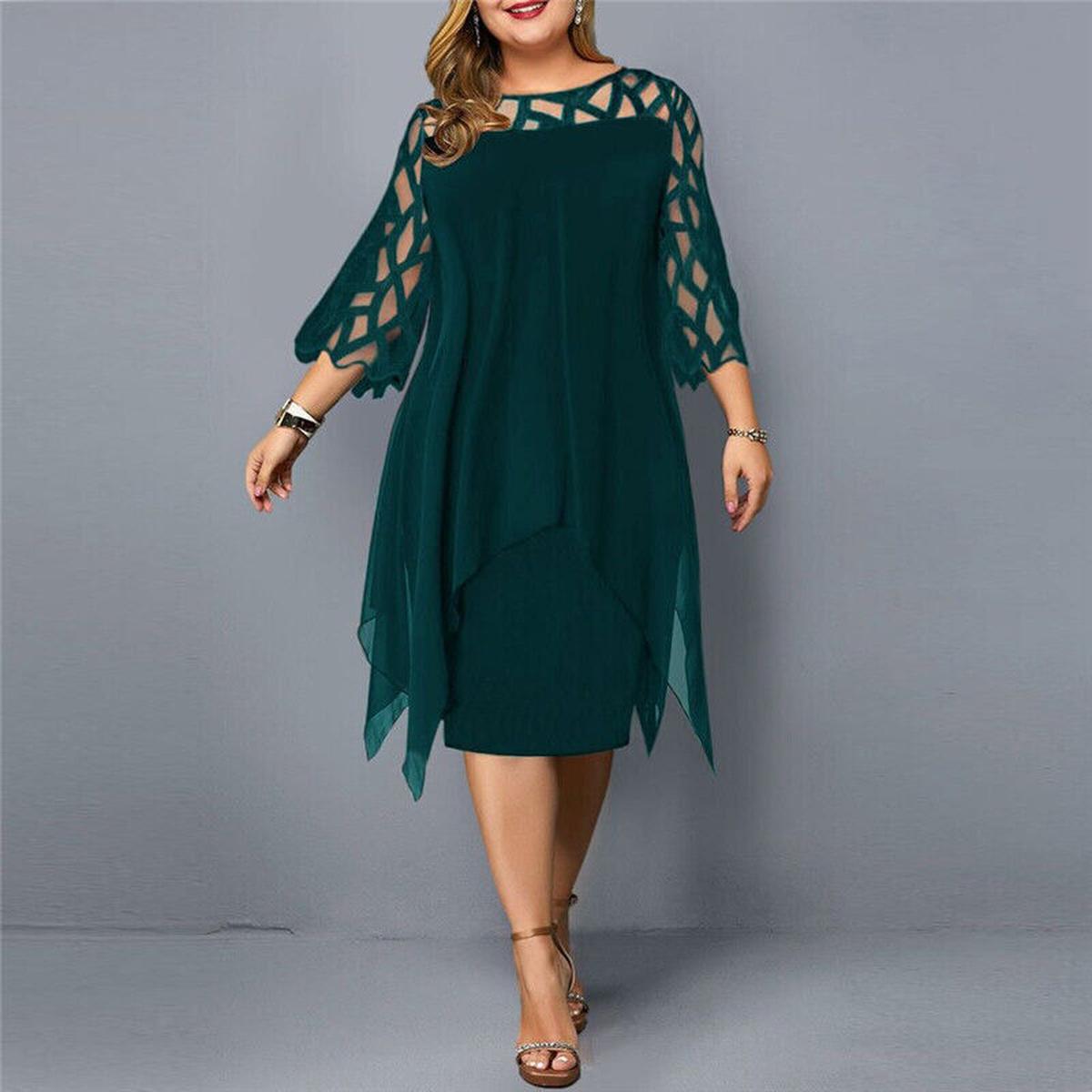 Plus size evening midi dress with chiffon overlay, geometric mesh sleeves, floaty cocktail silhouette