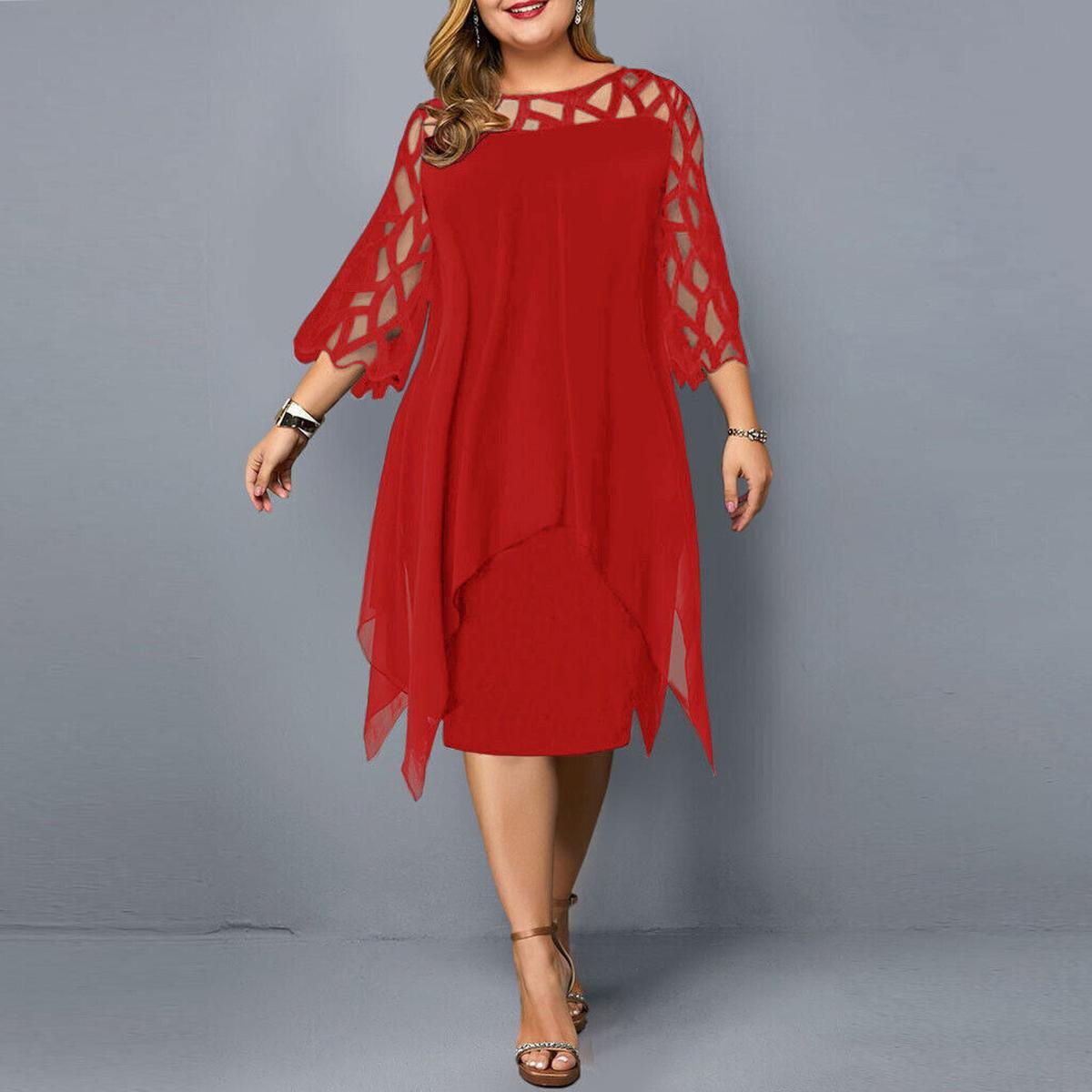 Plus size navy chiffon overlay midi dress with geometric mesh sleeves and elegant layered silhouette
