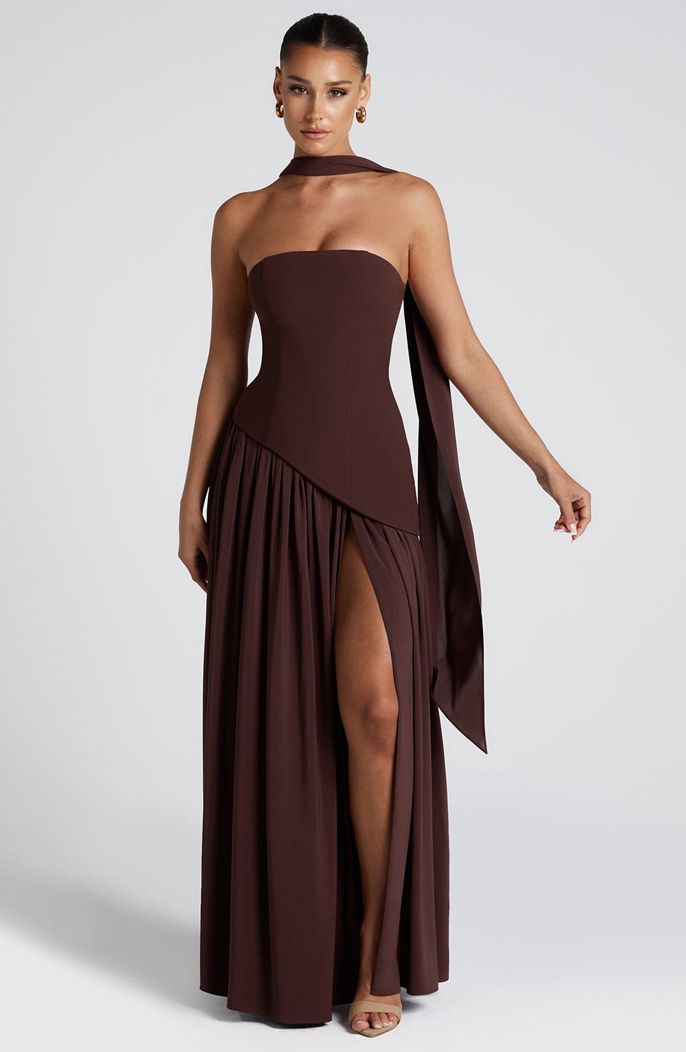 Tessa strapless maxi dress bold front slit flowing silhouette elegant summer glamour