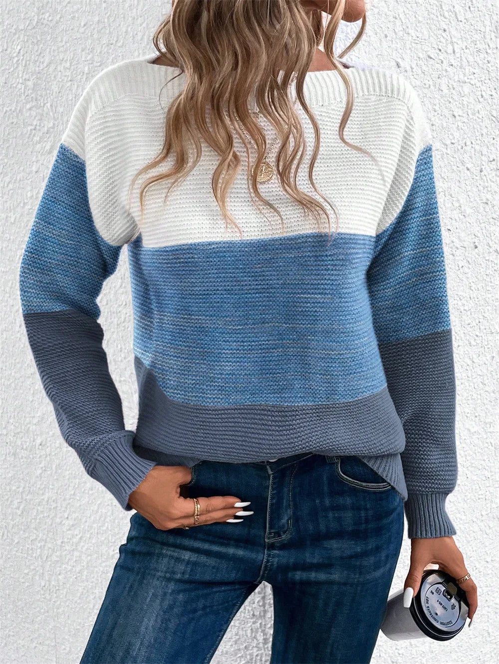 Women's relaxed-fit patchwork knit sweater in three-color neutral color-block design