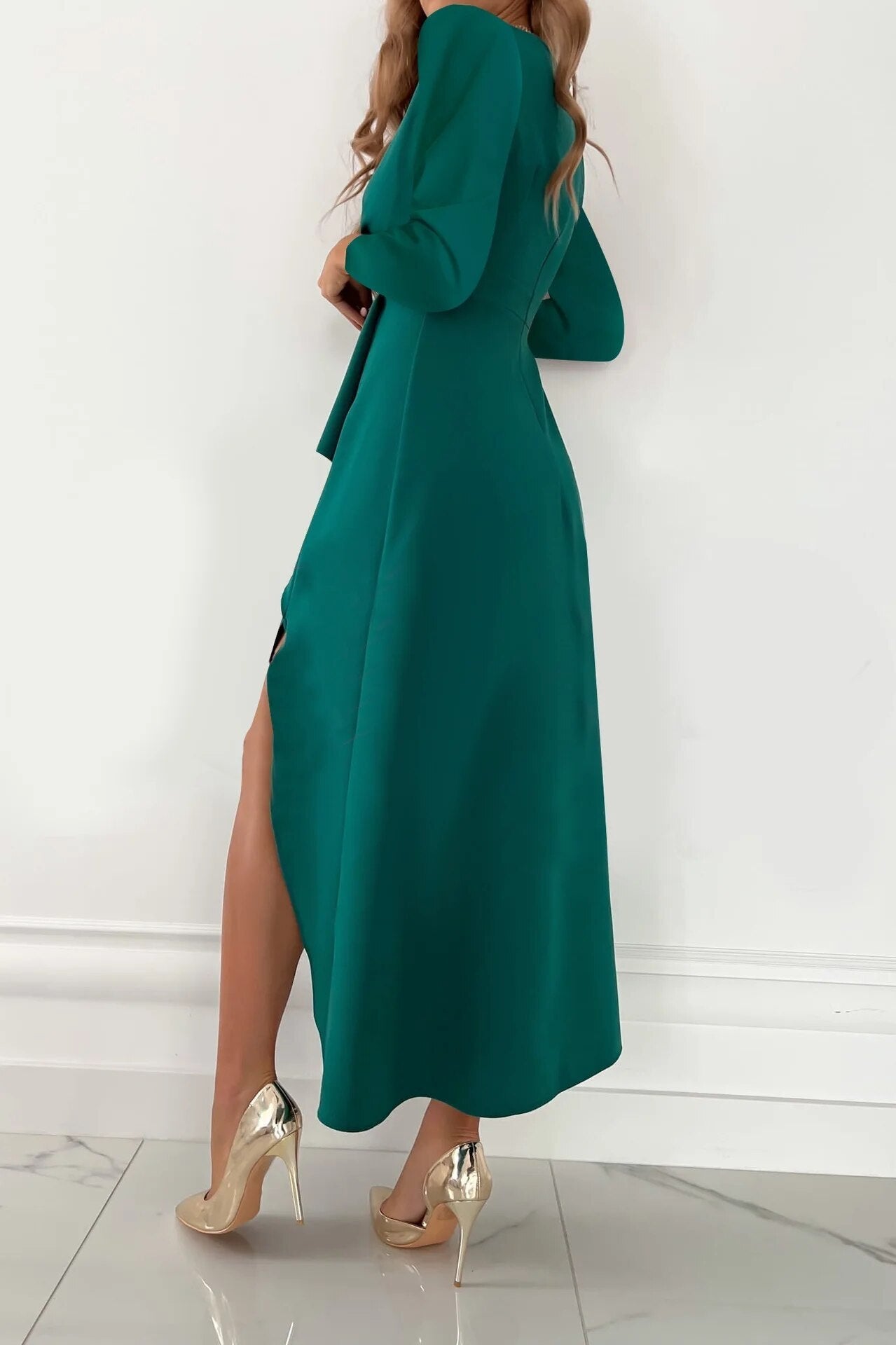 Elegant burgundy wrap sheath midi dress with V-neckline, long sleeves, and asymmetric hem