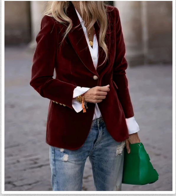 Women's deep burgundy velvet blazer tailored slim fit with structured shoulders and gold button detail