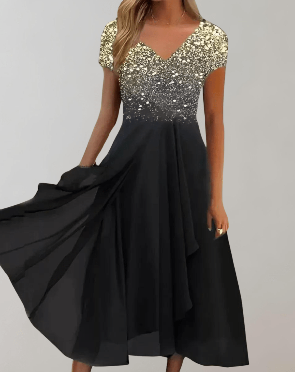 Women's black ombre chiffon midi dress with blue floral embellished bodice and flowing V-neckline