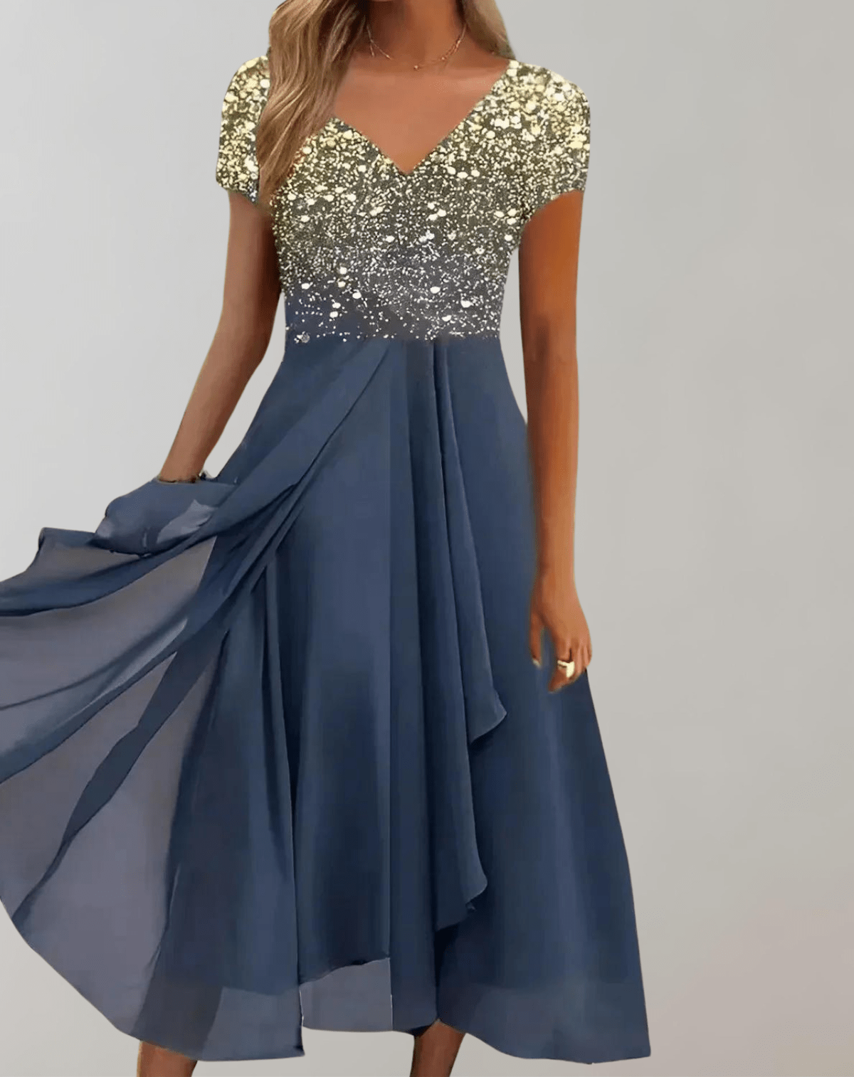 Women's black ombre chiffon midi dress with blue floral embellished bodice and flowing V-neckline