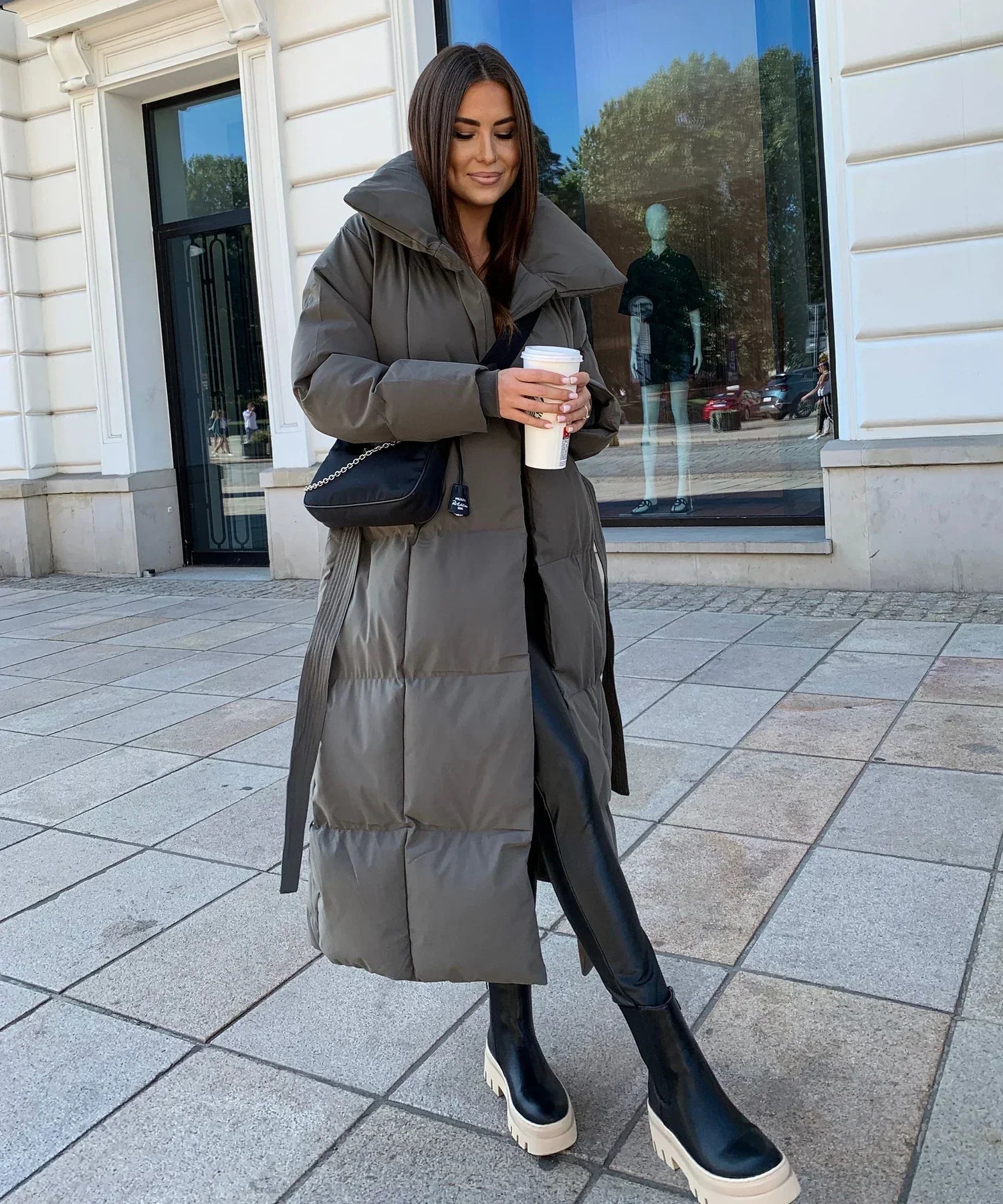 Women's long black quilted puffer coat oversized collar relaxed silhouette ultimate warmth