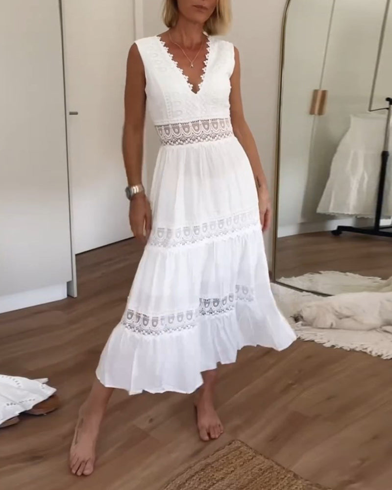 White cotton midi dress with delicate lace inserts, romantic tiered silhouette for women