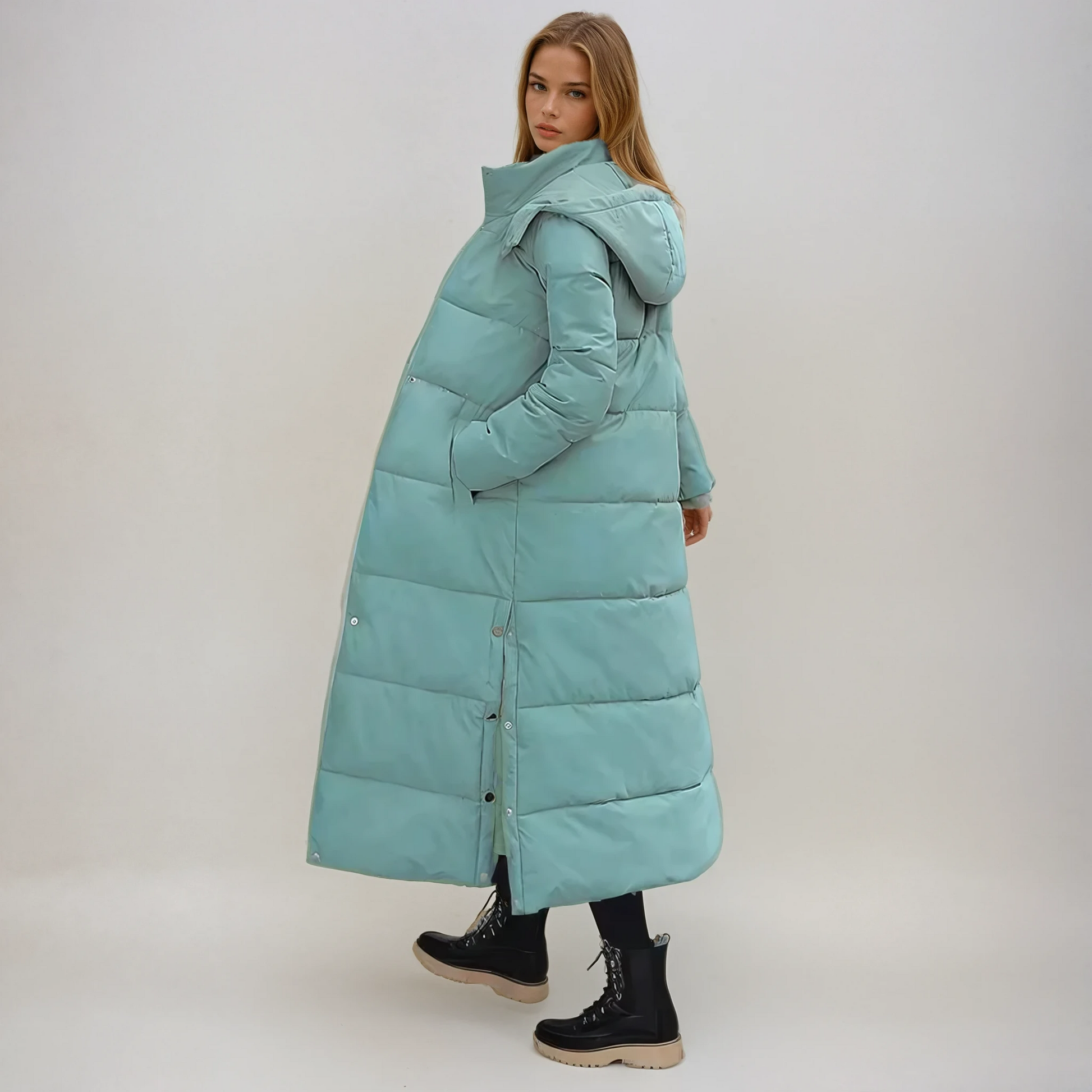 Women's long quilted puffer coat with high collar, hidden zip, full-length silhouette for cold weather