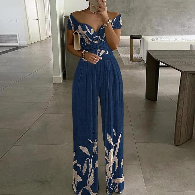 Floral off-shoulder wide-leg jumpsuit with wrap bust, elegant women's formal silhouette