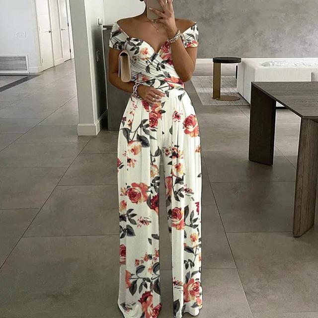 Women's floral off-shoulder wide-leg jumpsuit with wrap bust, elegant lightweight breathable design