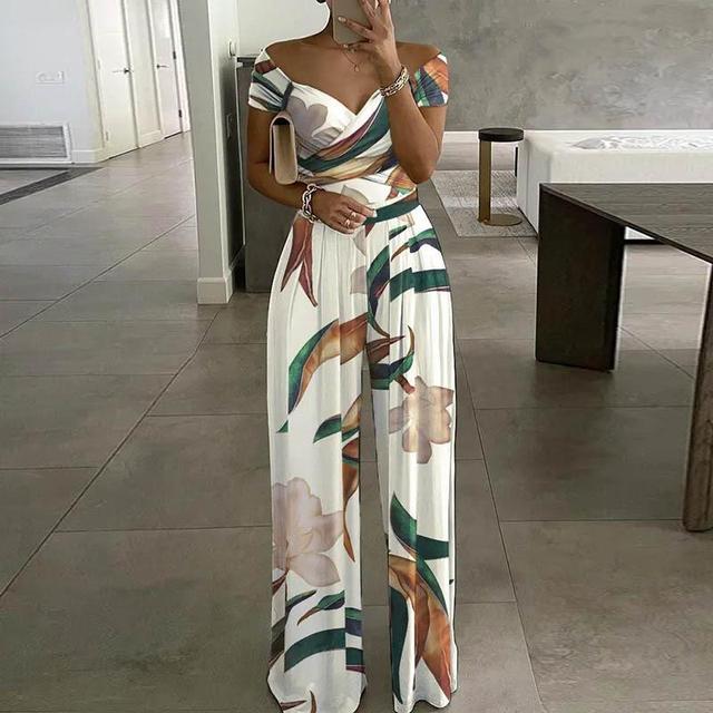 Floral off-shoulder wide-leg jumpsuit for women with elegant wrap bust and lightweight breathable fabric