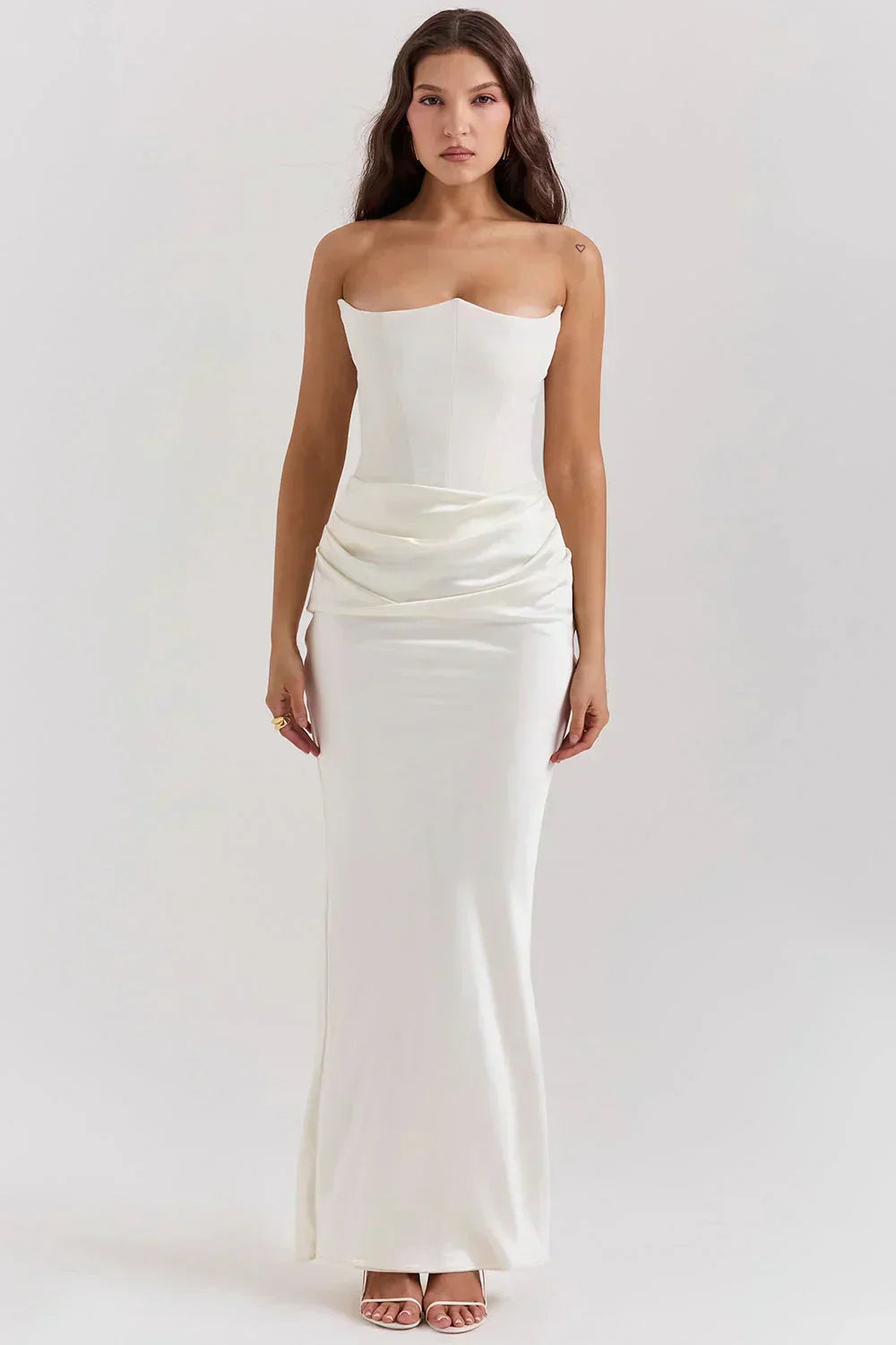 Bianca black satin evening dress with structured corset top, sleek silhouette for formal occasions
