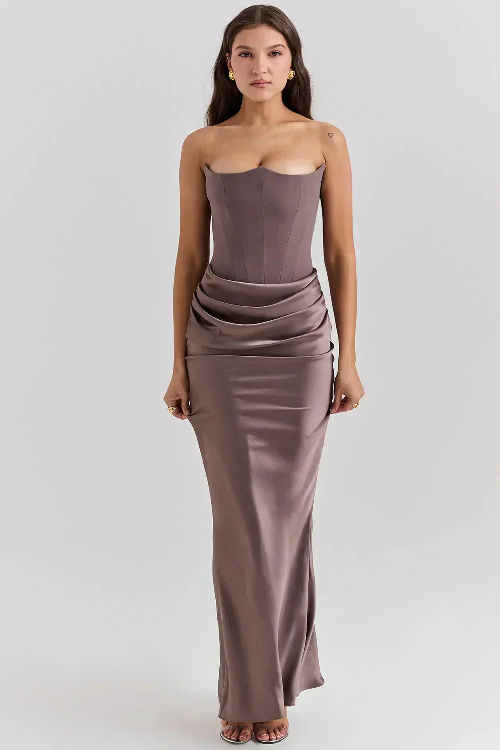 Bianca satin evening gown corset top elegant silhouette glamorous formal dress timeless beauty
