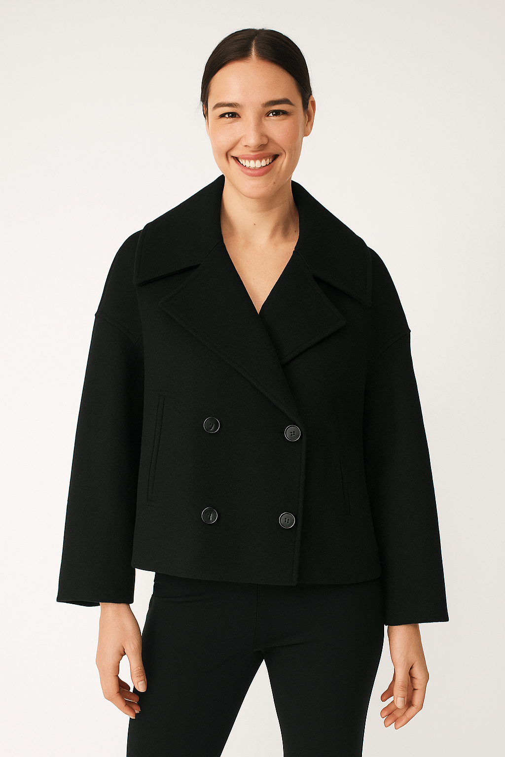 Women's double-breasted winter jacket structured fit elegant tailored coat with premium textured fabric