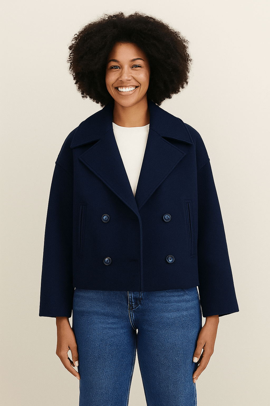 Women's double-breasted winter jacket structured fit elegant tailored coat with premium textured fabric