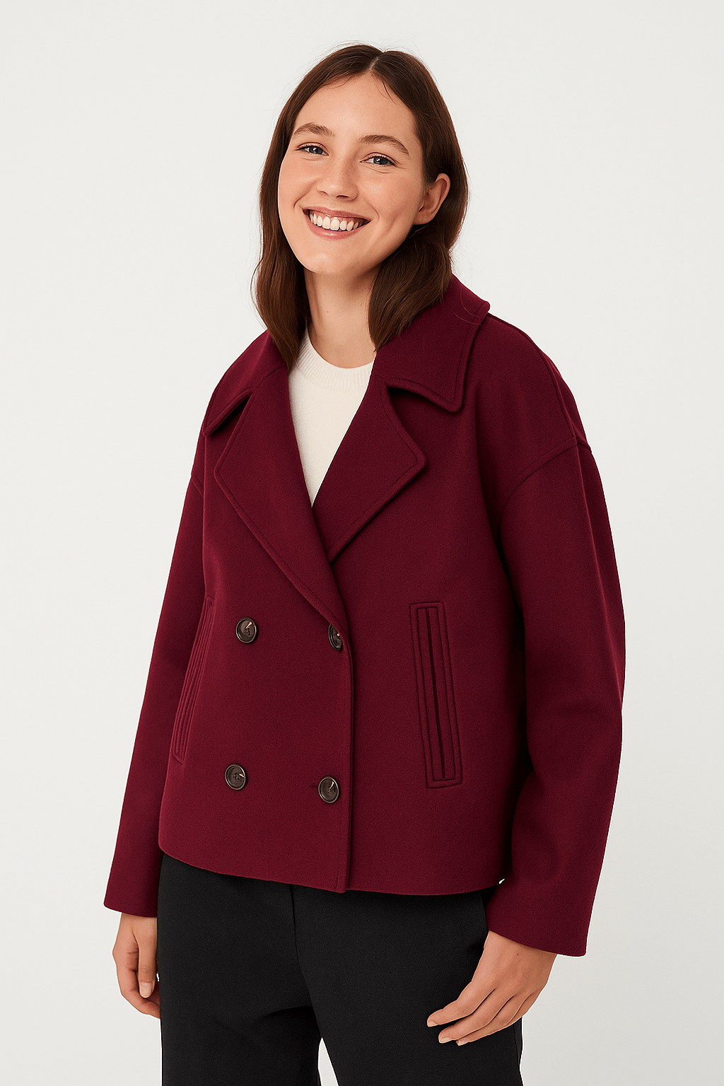 Women's double-breasted winter jacket elegant structured fit warm textured fabric distinctive buttons