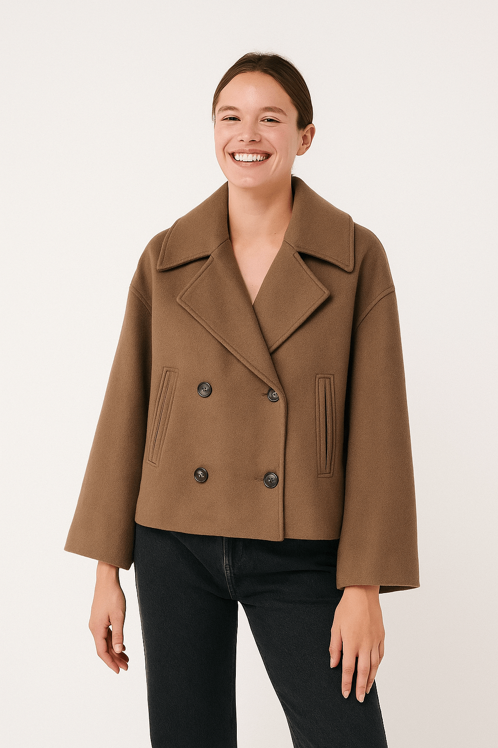 Women's double-breasted winter jacket elegant structured fit warm textured fabric polished silhouette