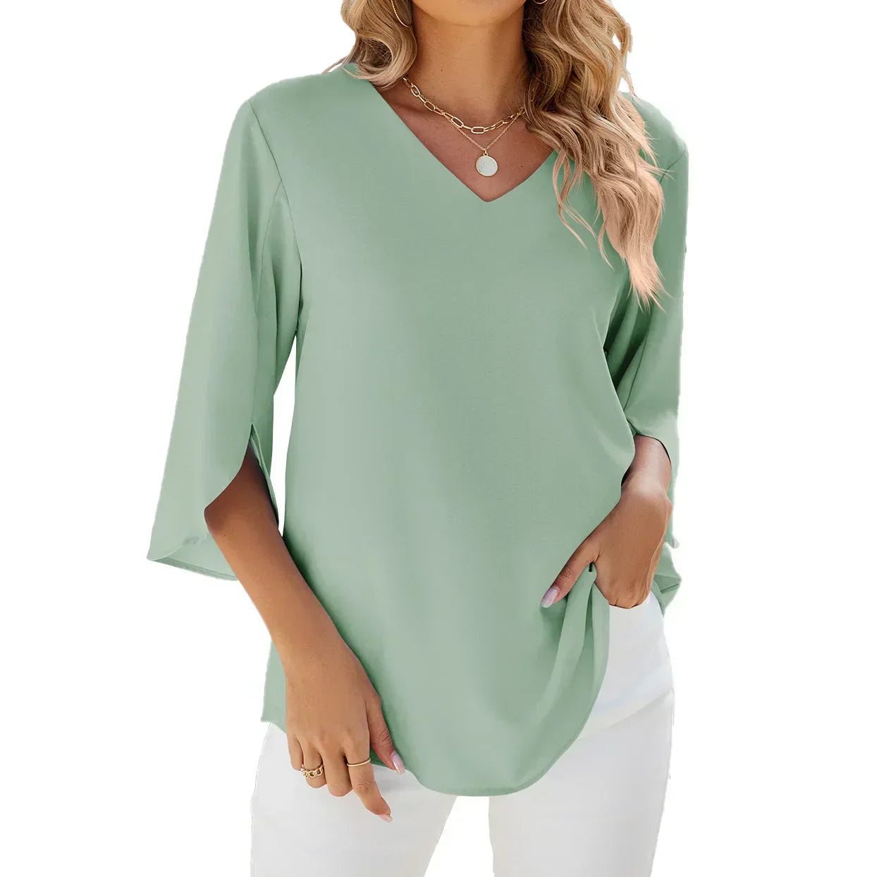 Women's elegant V-neck blouse airy cut three-quarter sleeves lightweight versatile top feminine silhouette
