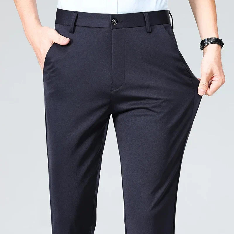 Men's slim fit suit trousers lightweight breathable elastic waistband business professional pants