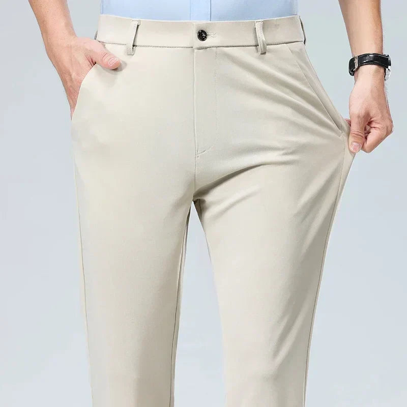 Slim fit men's dress trousers lightweight breathable fabric elastic waistband business professional gray